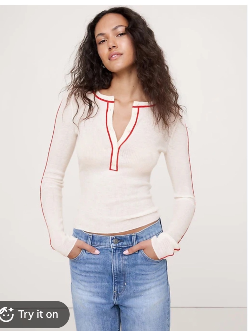 Banana Republic Cream Featherweight Cashmere V-Neck Sweater with Red Trim